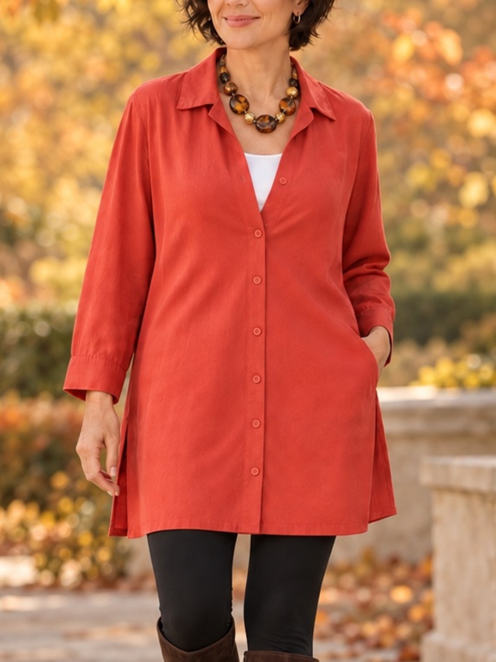 Linda Lundström Rich Corel/Red Tencel Long Tunic Shirt Jacket Size 12 Canada